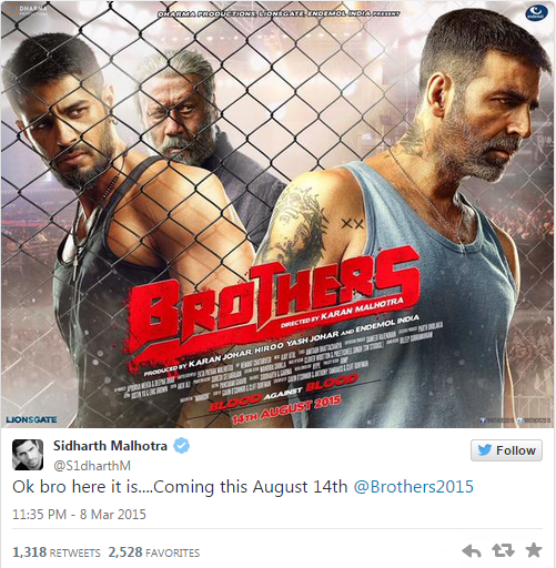 Superstar Akshay Kumar tweets first poster of his film 'Brothers' with Sidharth Malhotra